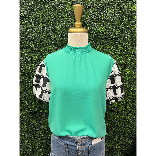 Teal Cow Bubble Sleeve Top