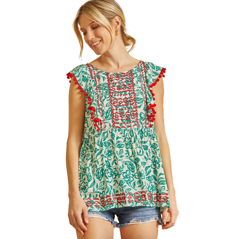 Emerald Green & Red Embroidered Top