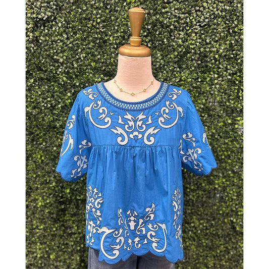 Kallie Blue Floral Detail Top
