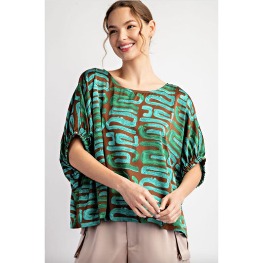 Mint Chocolate Printed Round Neck Blouse