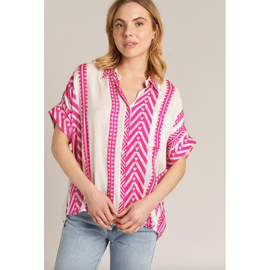 White Magenta Embroidered Button Down Top
