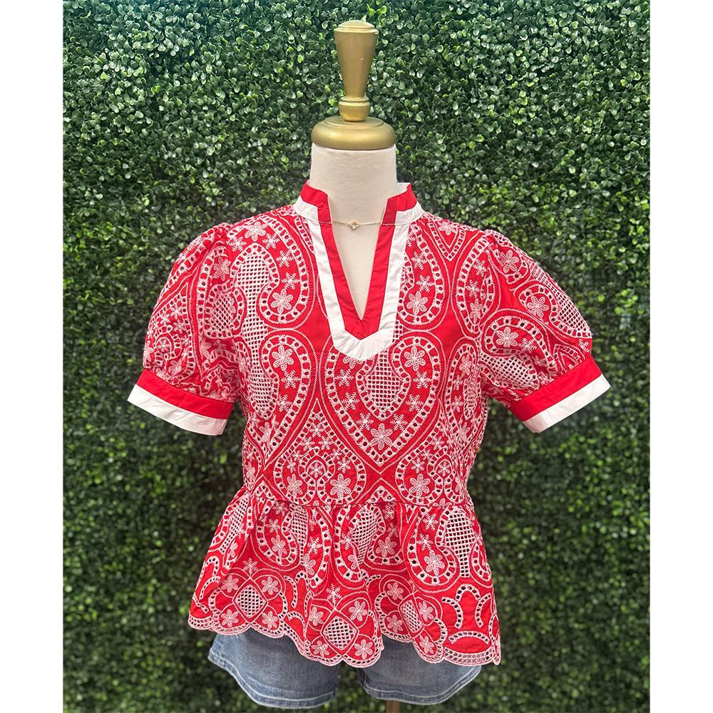 Roamlee Red Eyelet Peplum Top