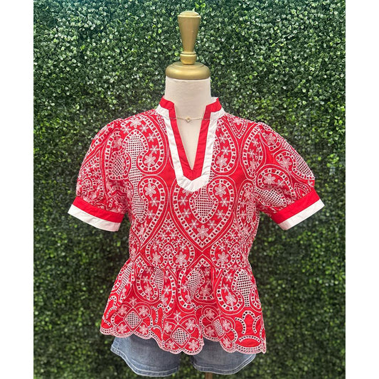 Roamlee Red Eyelet Peplum Top