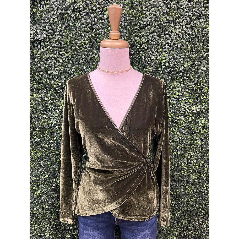 Moss Solid Stretch Velvet Wrap Top