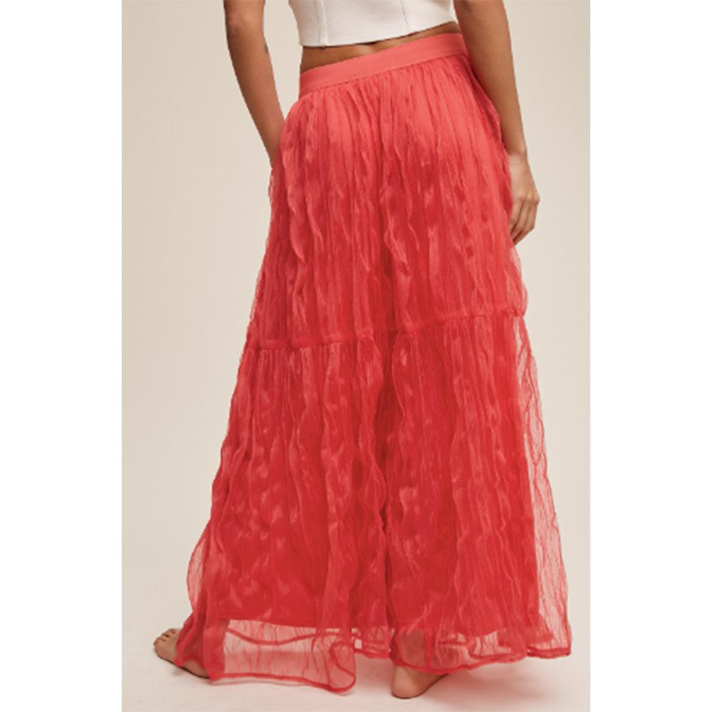 Coral Ruffled Plisse Maxi Skirt