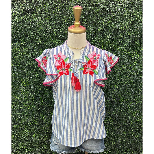 Grisa Striped Tassel Trim Top