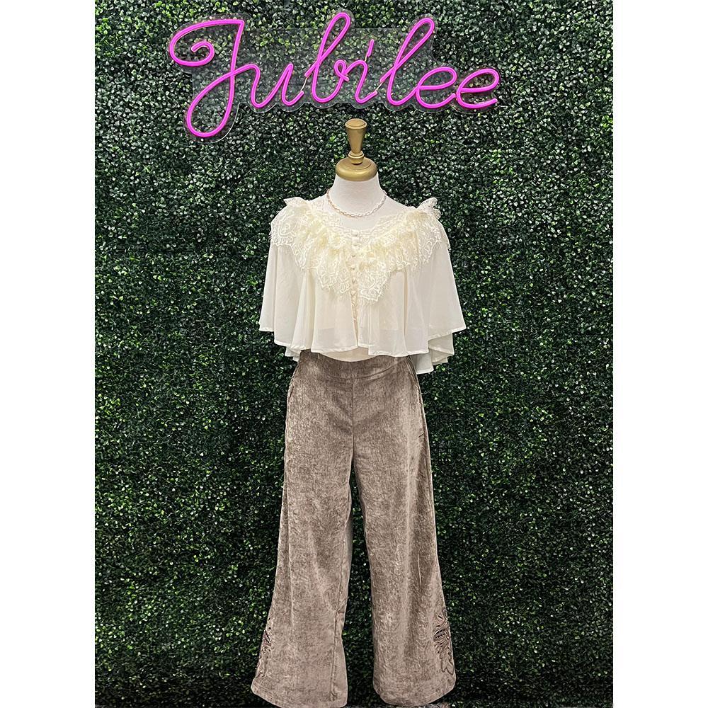 Trivi Taupe Embroidered Rhinestone Pants