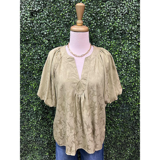 Gracie Sage Jacquard Puff Sleeve Top