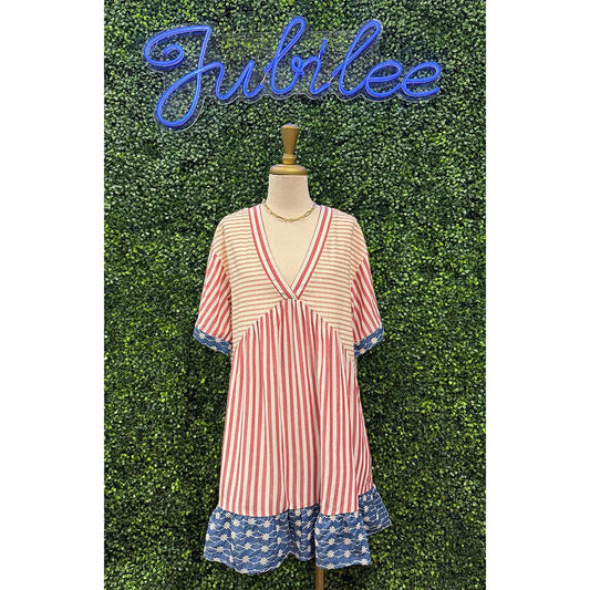 Americana V Neck Stripe Woven Dress