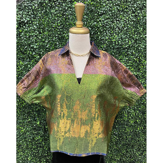 Short Puff Sleeve Iridescent Metallic Top