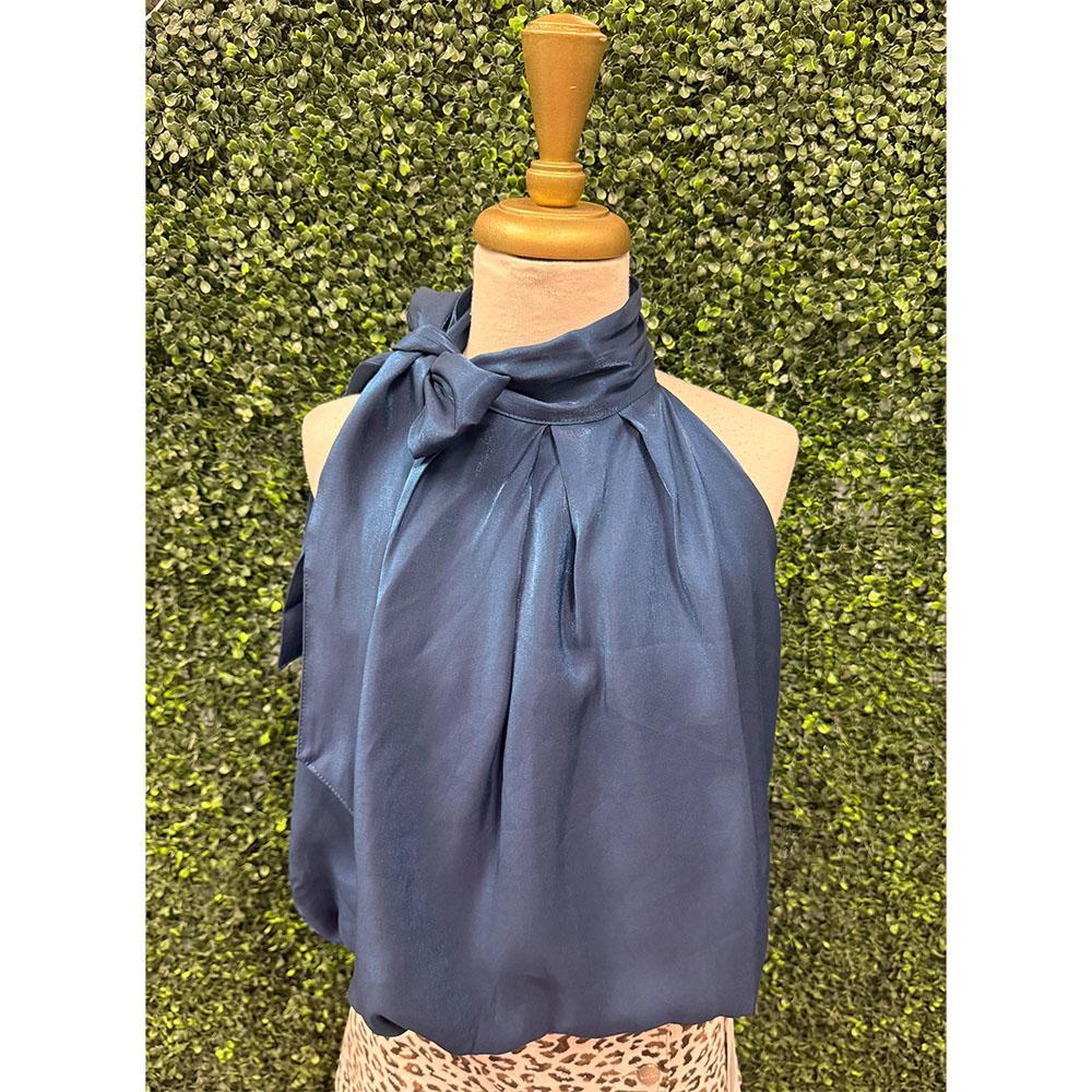 Hillary Sapphire High Neck Tie Wrap Top