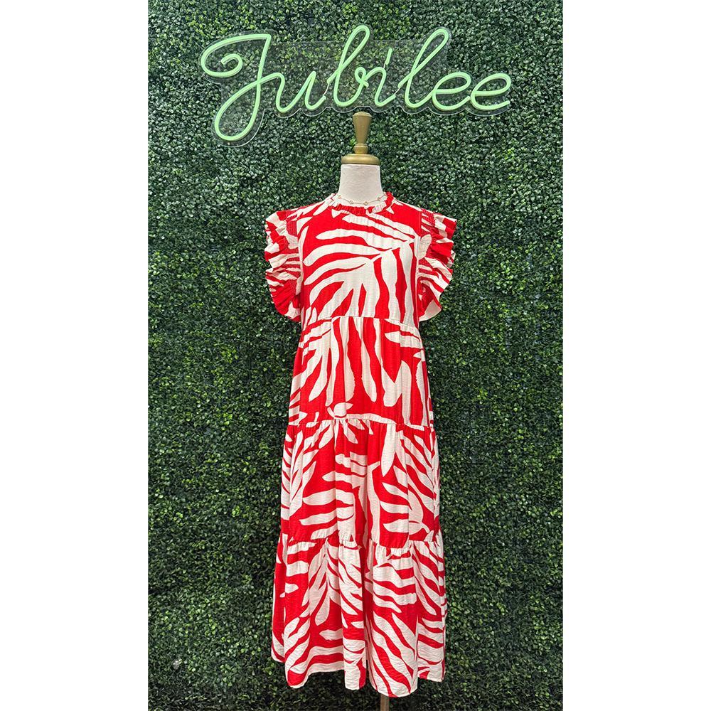 Terrin Red Tropical Leaf Midi Dress