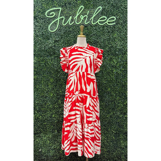 Terrin Red Tropical Leaf Midi Dress