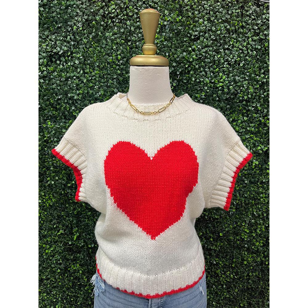 Ivory Boxy Red Heart Sweater Top