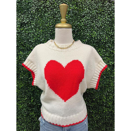 Ivory Boxy Red Heart Sweater Top