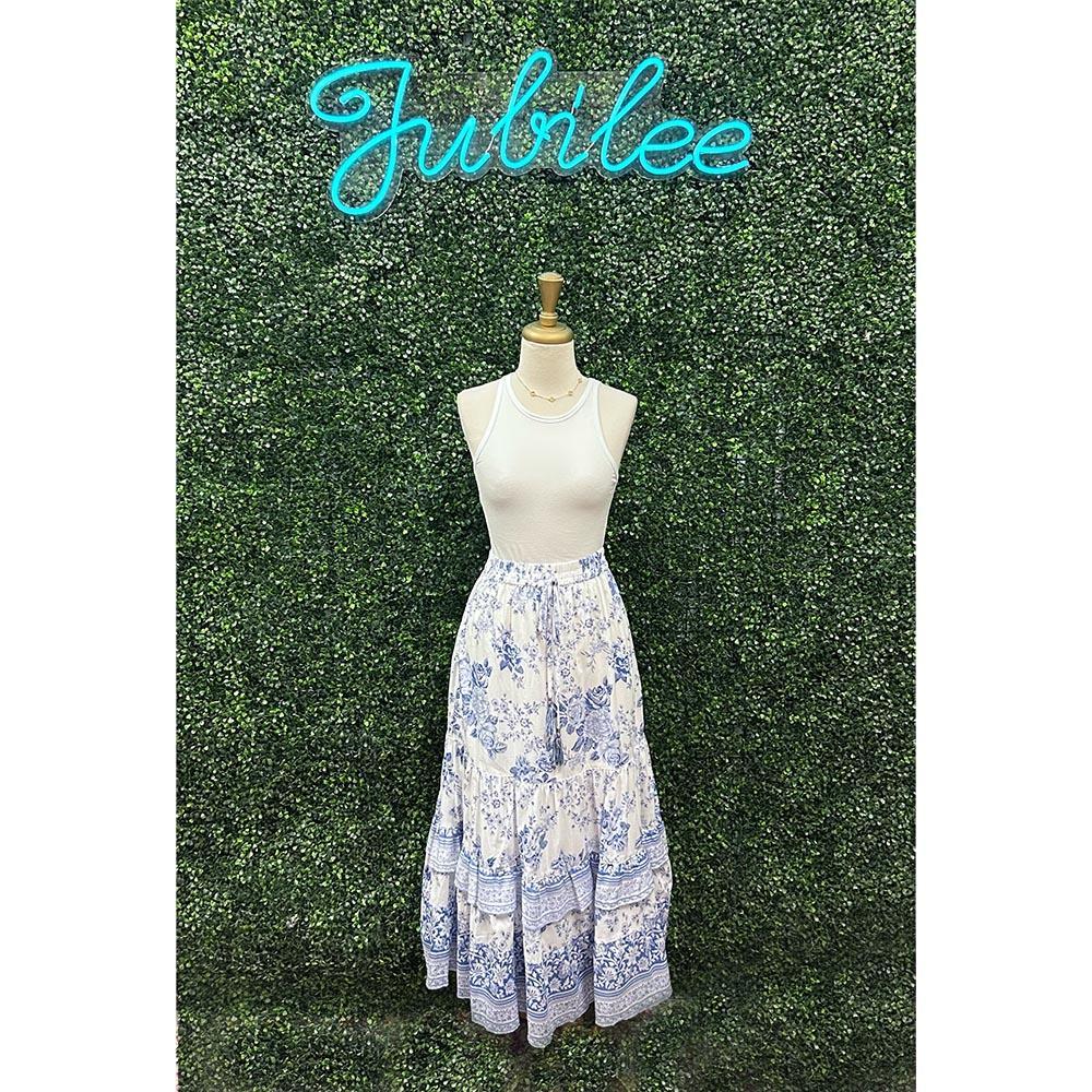 Vivianna White & Blue Tiered Maxi Skirt