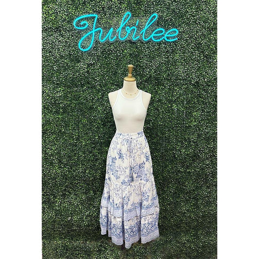 Vivianna White & Blue Tiered Maxi Skirt