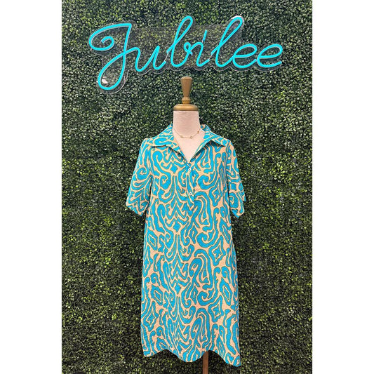 Nicole Aqua Abstract Short Sleeve Dress