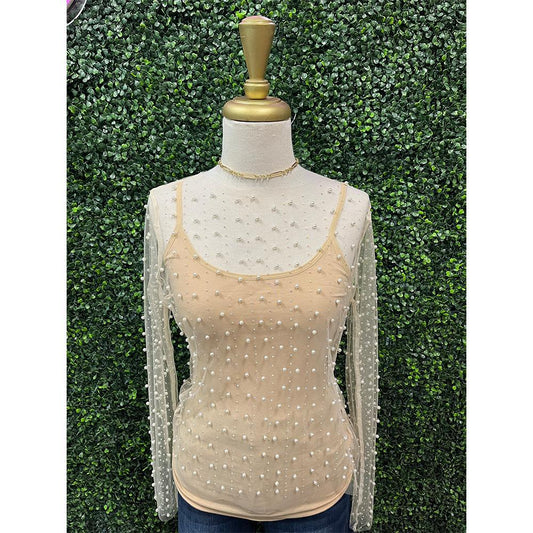 Nude Pearl Rhinestone Mesh Top