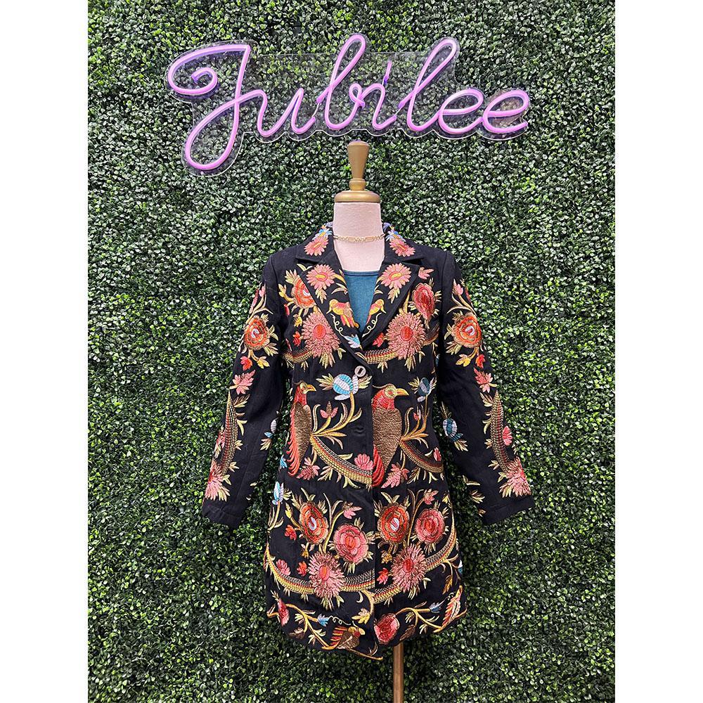 Twill Bird & Floral Embroidered Coat