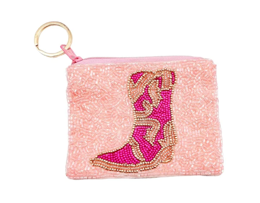 Pink Boot Beaded Keychain Pouch