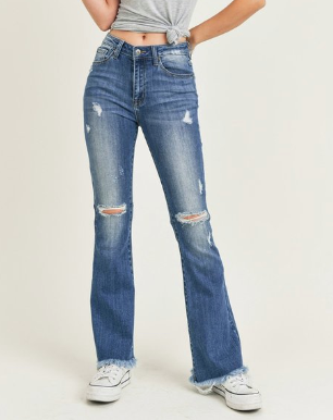 Medium High Rise Distressed Raw Hem Flare Jeans